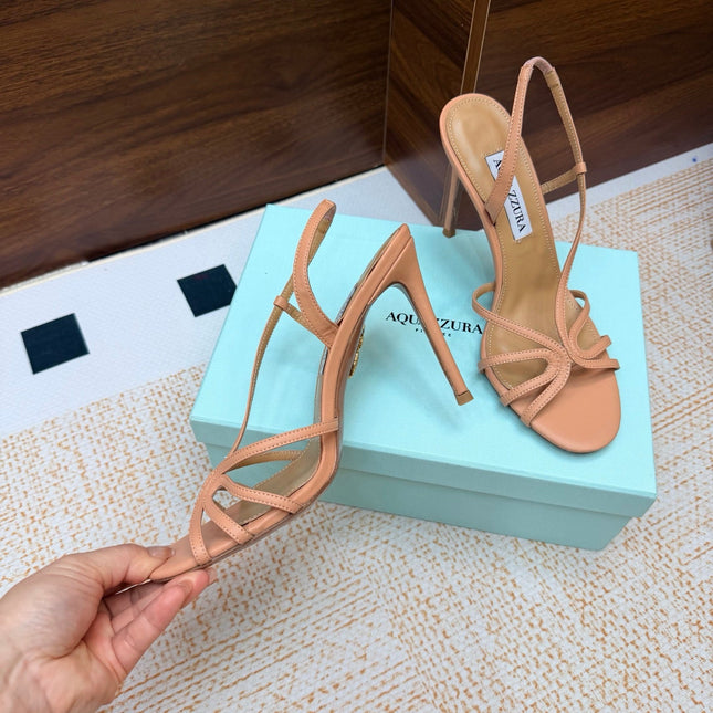 AQUAZZURA 26S CRYSTAL SANDALS 100 MM IN BEIGE CALFSKIN