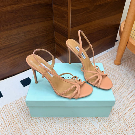 AQUAZZURA 26S CRYSTAL SANDALS 100 MM IN BEIGE CALFSKIN