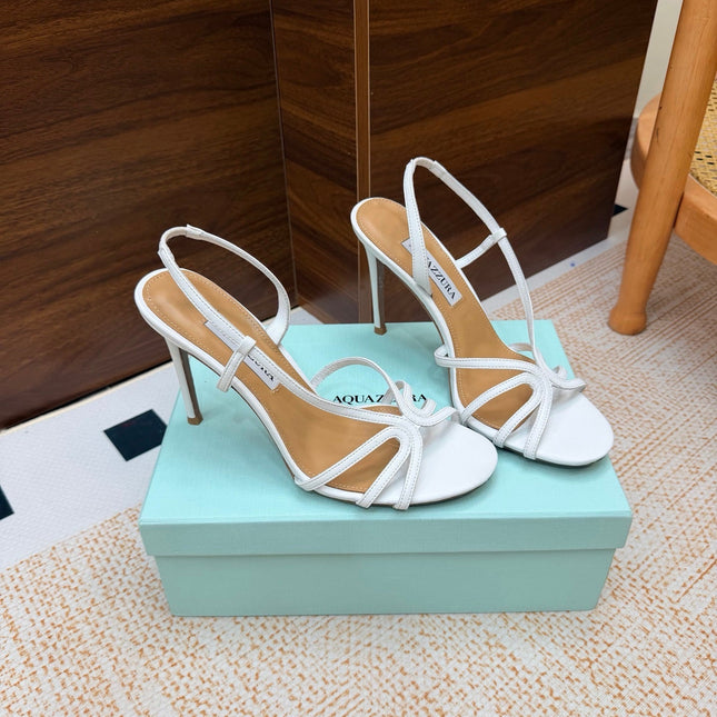 AQUAZZURA 26S CRYSTAL SANDALS 100 MM IN WHITE CALFSKIN