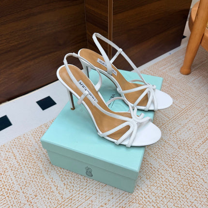 AQUAZZURA 26S CRYSTAL SANDALS 100 MM IN WHITE CALFSKIN