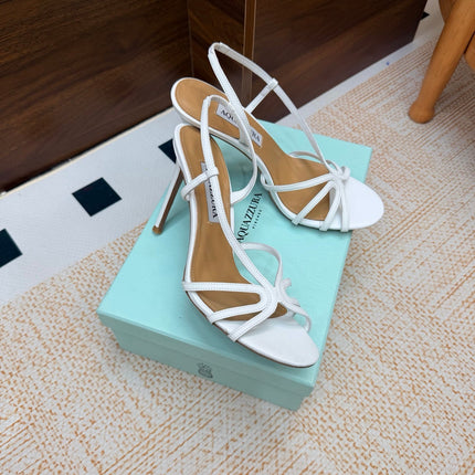 AQUAZZURA 26S CRYSTAL SANDALS 100 MM IN WHITE CALFSKIN