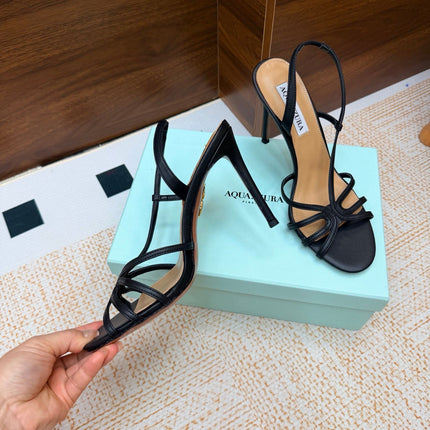 AQUAZZURA 26S CRYSTAL SANDALS 100 MM IN BLACK CALFSKIN