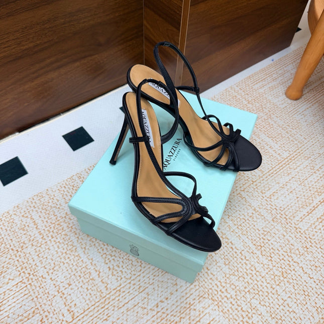 AQUAZZURA 26S CRYSTAL SANDALS 100 MM IN BLACK CALFSKIN