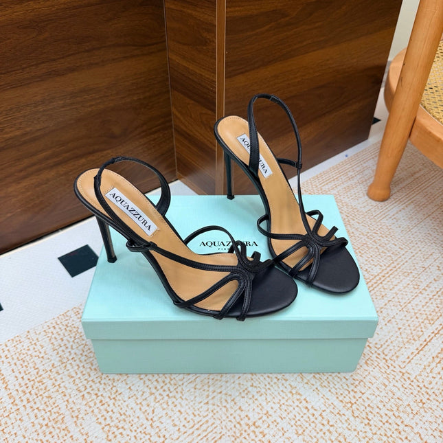 AQUAZZURA 26S CRYSTAL SANDALS 100 MM IN BLACK CALFSKIN