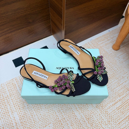 AQUAZZURA 26S CRYSTAL SANDALS IN BLACK FABRIC