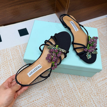 AQUAZZURA 26S CRYSTAL SANDALS IN BLACK FABRIC