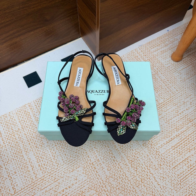 AQUAZZURA 26S CRYSTAL SANDALS IN BLACK FABRIC