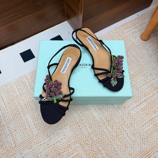 AQUAZZURA 26S CRYSTAL SANDALS IN BLACK FABRIC