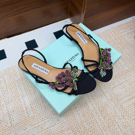 AQUAZZURA 26S CRYSTAL SANDALS IN BLACK FABRIC