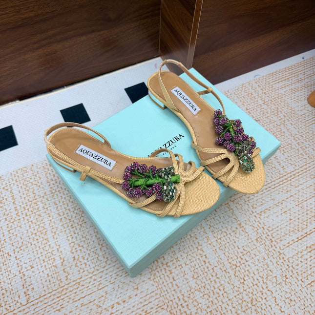 AQUAZZURA 26S CRYSTAL SANDALS IN BEIGE FABRIC