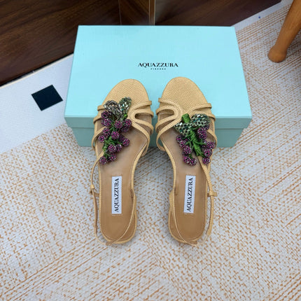 AQUAZZURA 26S CRYSTAL SANDALS IN BEIGE FABRIC