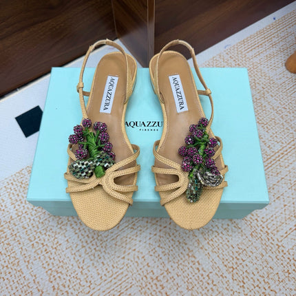 AQUAZZURA 26S CRYSTAL SANDALS IN BEIGE FABRIC