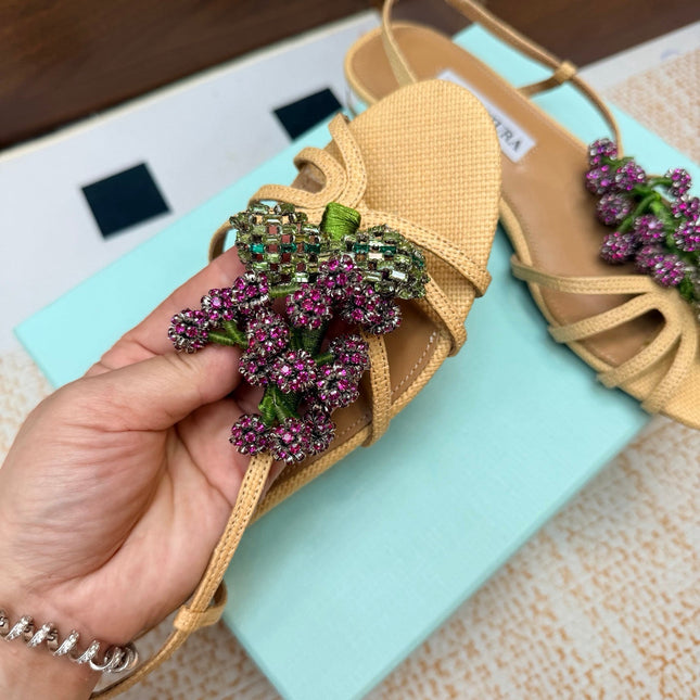 AQUAZZURA 26S CRYSTAL SANDALS IN BEIGE FABRIC