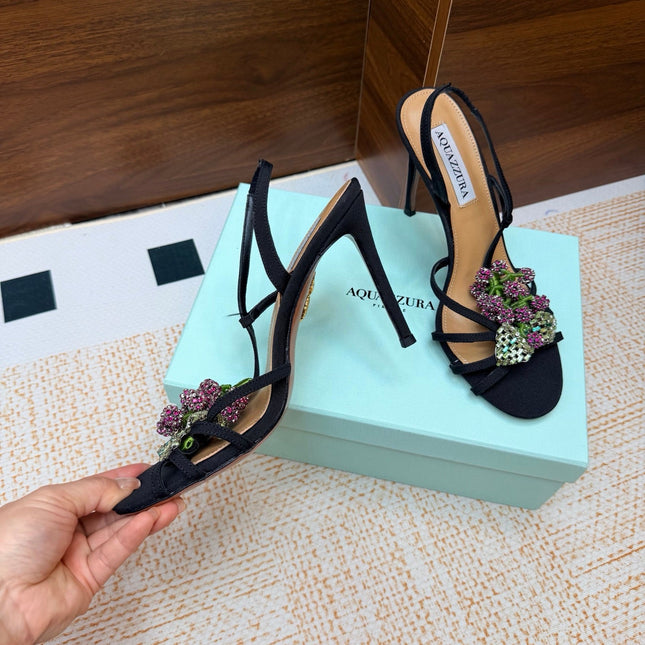 AQUAZZURA 26S HEEL SANDALS 100 MM IN BLACK FABRIC CRYSTAL FLORAL