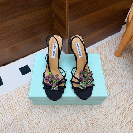 AQUAZZURA 26S HEEL SANDALS 100 MM IN BLACK FABRIC CRYSTAL FLORAL