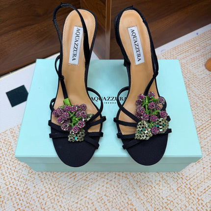 AQUAZZURA 26S HEEL SANDALS 100 MM IN BLACK FABRIC CRYSTAL FLORAL