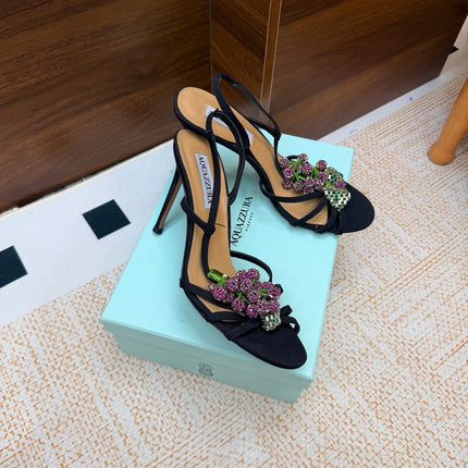 AQUAZZURA 26S HEEL SANDALS 100 MM IN BLACK FABRIC CRYSTAL FLORAL