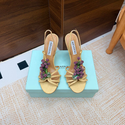AQUAZZURA 26S HEEL SANDALS 100 MM IN BEIGE FABRIC CRYSTAL FLORAL