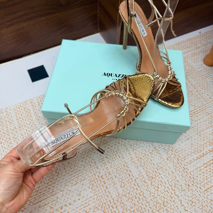 AQUAZZURA 26S LACE-UP HEEL SANDALS 100 MM IN GOLD CALFSKIN