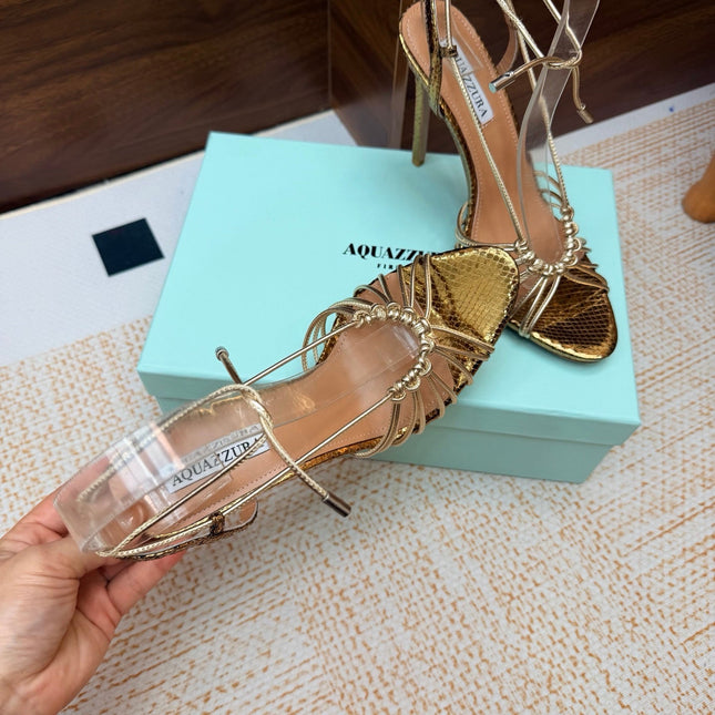 AQUAZZURA 26S LACE-UP HEEL SANDALS 100 MM IN GOLD CALFSKIN