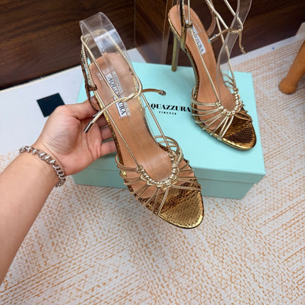 AQUAZZURA 26S LACE-UP HEEL SANDALS 100 MM IN GOLD CALFSKIN