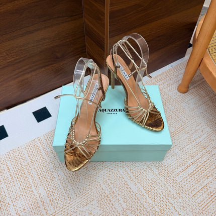 AQUAZZURA 26S LACE-UP HEEL SANDALS 100 MM IN GOLD CALFSKIN