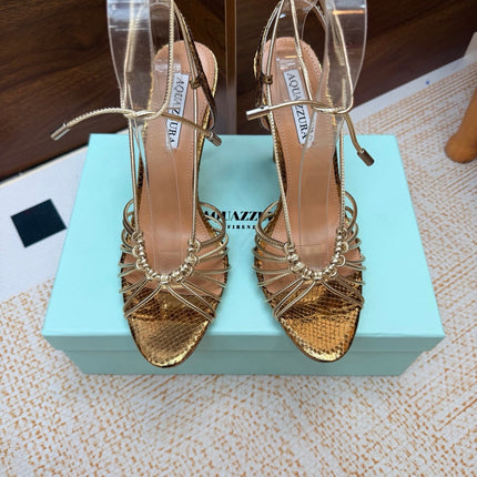 AQUAZZURA 26S LACE-UP HEEL SANDALS 100 MM IN GOLD CALFSKIN