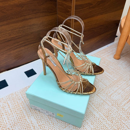 AQUAZZURA 26S LACE-UP HEEL SANDALS 100 MM IN GOLD CALFSKIN