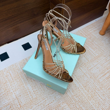 AQUAZZURA 26S LACE-UP HEEL SANDALS 100 MM IN GOLD CALFSKIN