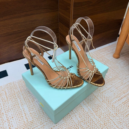 AQUAZZURA 26S LACE-UP HEEL SANDALS 100 MM IN GOLD CALFSKIN