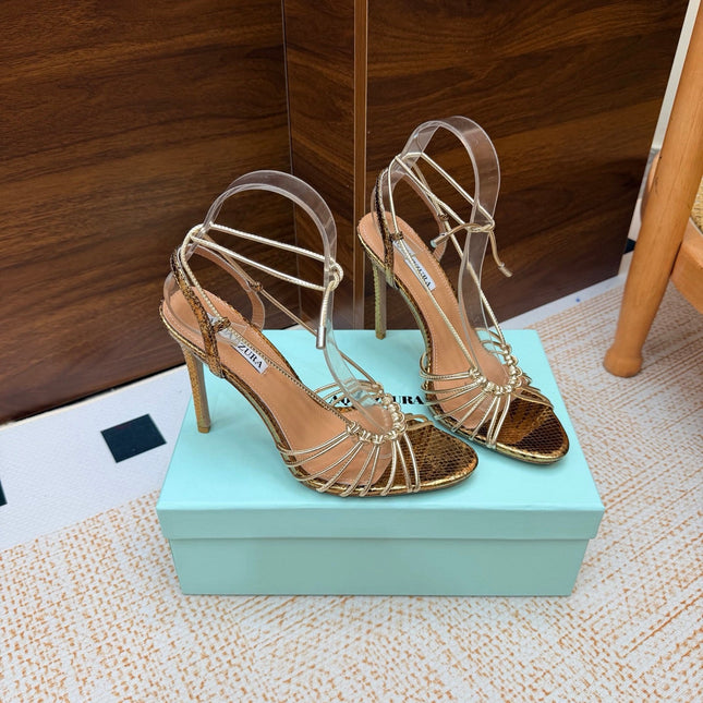 AQUAZZURA 26S LACE-UP HEEL SANDALS 100 MM IN GOLD CALFSKIN