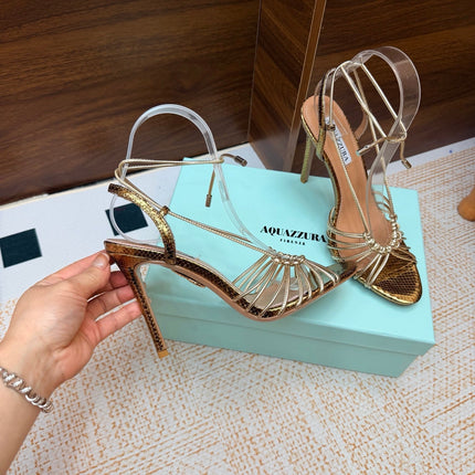 AQUAZZURA 26S LACE-UP HEEL SANDALS 100 MM IN GOLD CALFSKIN