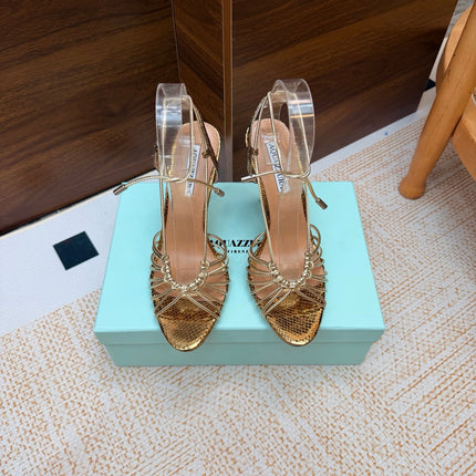 AQUAZZURA 26S LACE-UP HEEL SANDALS 100 MM IN GOLD CALFSKIN