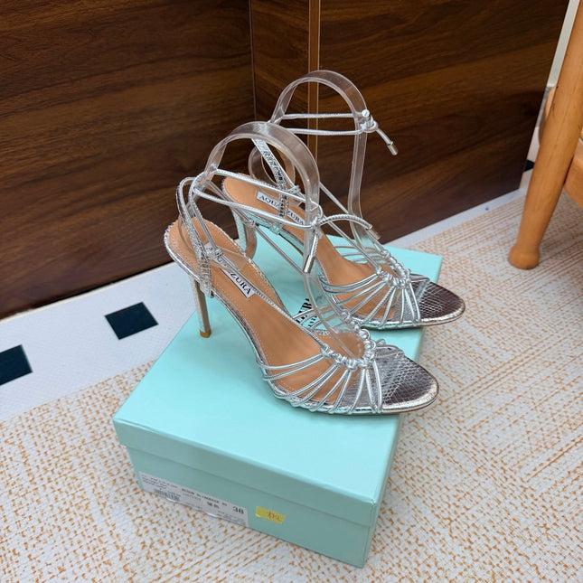 AQUAZZURA 26S LACE-UP HEEL SANDALS 100 MM IN SILVER CALFSKIN