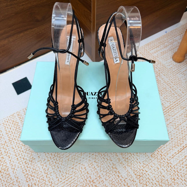 AQUAZZURA 26S LACE-UP HEEL SANDALS 100 MM IN BLACK CALFSKIN