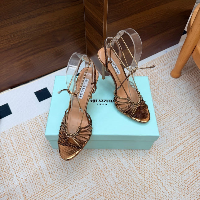 AQUAZZURA 26S LACE-UP HEEL SANDALS 100 MM IN METALLIC BRONZE BROWN CALFSKIN