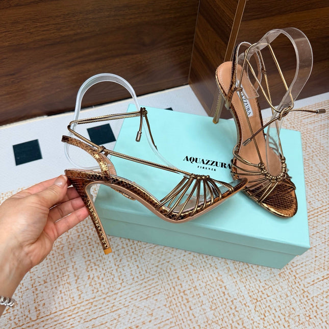 AQUAZZURA 26S LACE-UP HEEL SANDALS 100 MM IN METALLIC BRONZE BROWN CALFSKIN