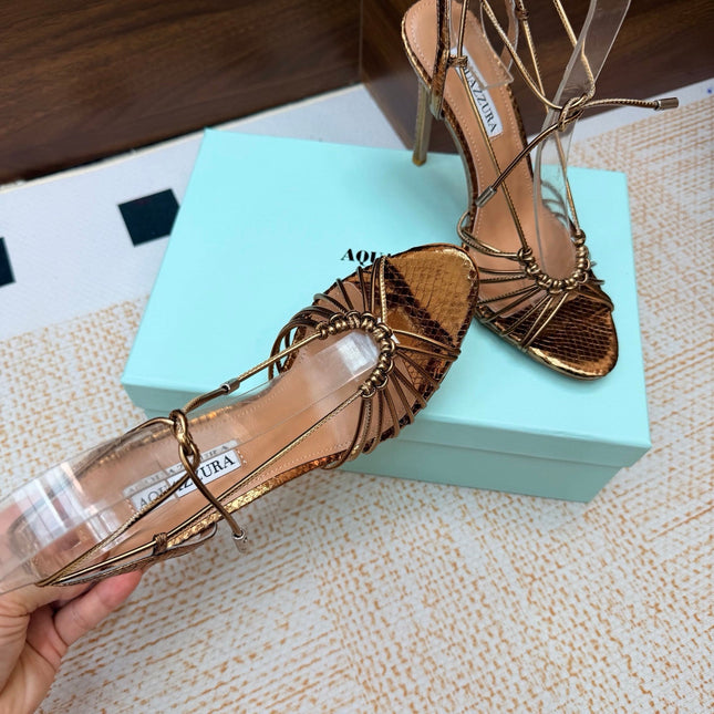 AQUAZZURA 26S LACE-UP HEEL SANDALS 100 MM IN METALLIC BRONZE BROWN CALFSKIN