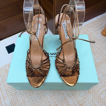 AQUAZZURA 26S LACE-UP HEEL SANDALS 100 MM IN METALLIC BRONZE BROWN CALFSKIN