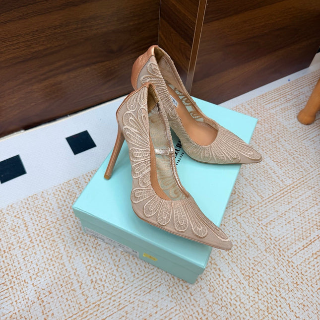 AQUAZZURA 26S HIGH HEELS 100 MM IN BEIGE FABRIC