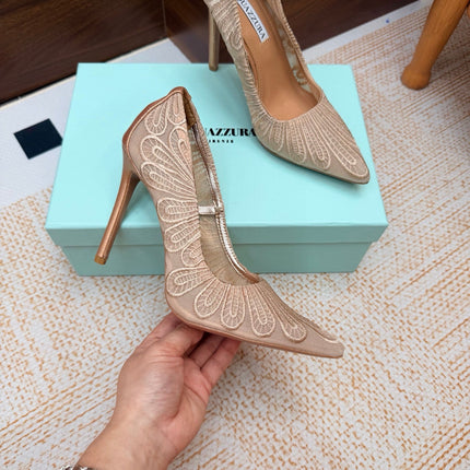 AQUAZZURA 26S HIGH HEELS 100 MM IN BEIGE FABRIC