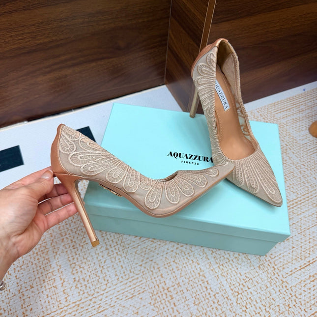 AQUAZZURA 26S HIGH HEELS 100 MM IN BEIGE FABRIC