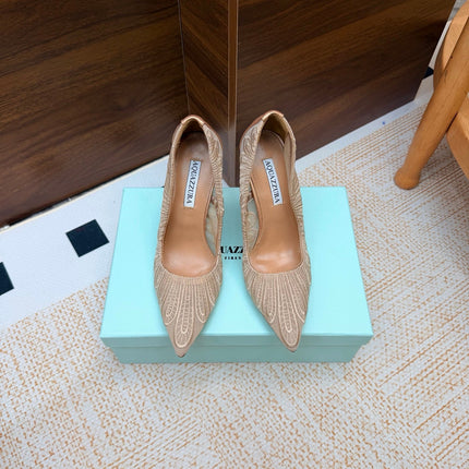 AQUAZZURA 26S HIGH HEELS 100 MM IN BEIGE FABRIC