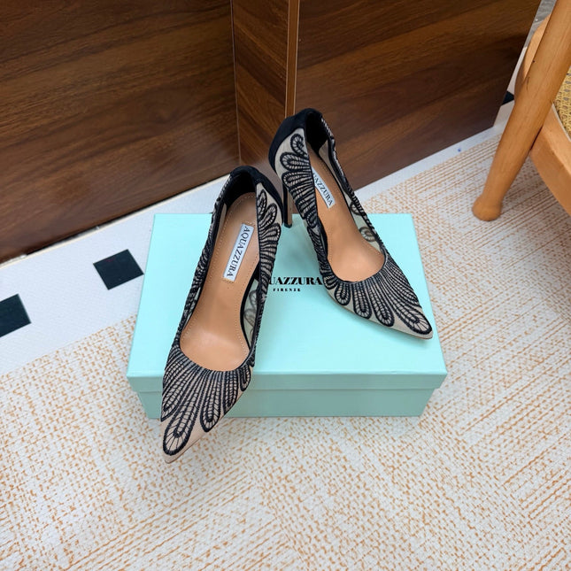 AQUAZZURA 26S HIGH HEELS 100 MM IN BLACK & BEIGE FABRIC