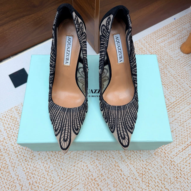 AQUAZZURA 26S HIGH HEELS 100 MM IN BLACK & BEIGE FABRIC
