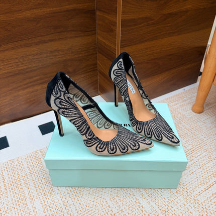 AQUAZZURA 26S HIGH HEELS 100 MM IN BLACK & BEIGE FABRIC