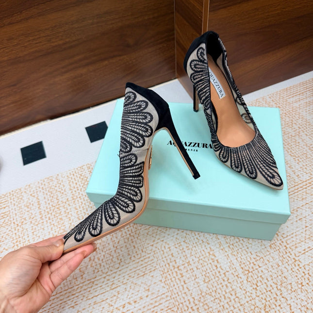 AQUAZZURA 26S HIGH HEELS 100 MM IN BLACK & BEIGE FABRIC