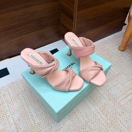AQUAZZURA 26S TWISTED HEEL SANDALS 85 MM IN LIGHT PINK LAMBSKIN