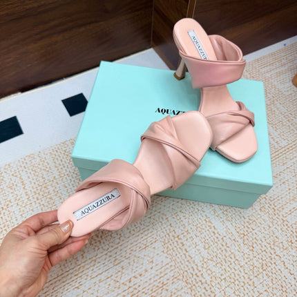 AQUAZZURA 26S TWISTED HEEL SANDALS 85 MM IN LIGHT PINK LAMBSKIN