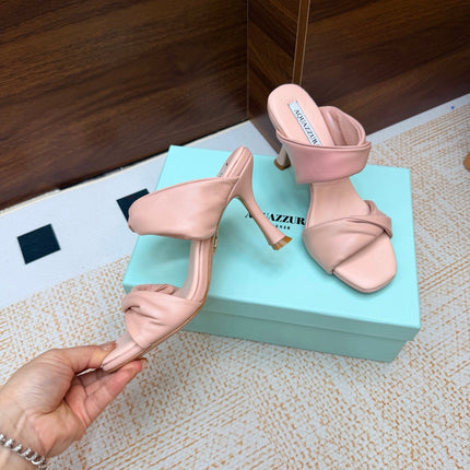 AQUAZZURA 26S TWISTED HEEL SANDALS 85 MM IN LIGHT PINK LAMBSKIN